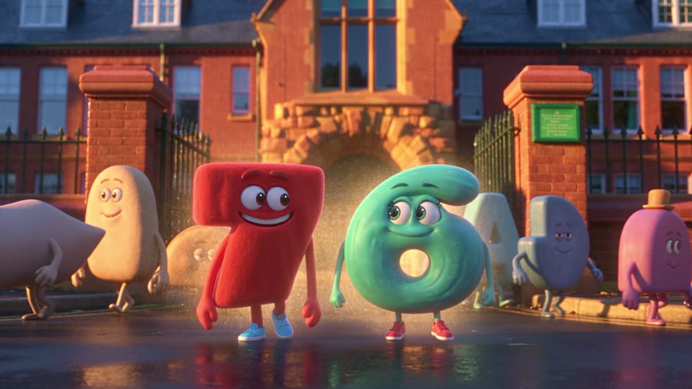 Six and Seven glowing at the school gates, surrounded by other number characters